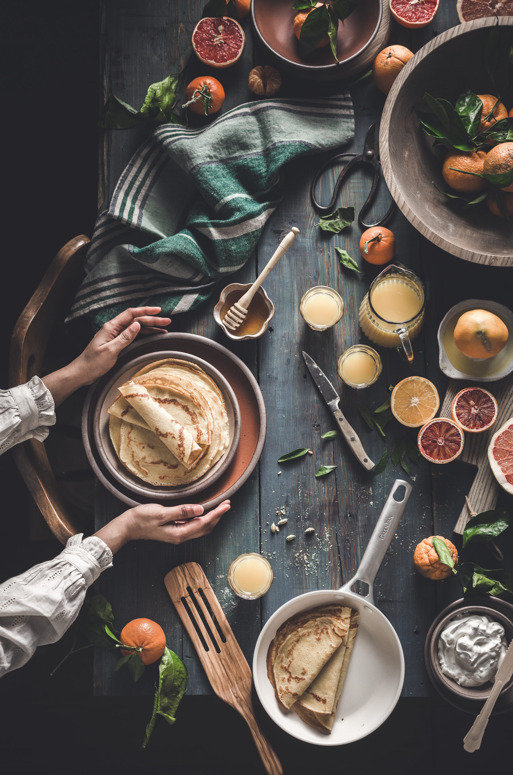 French Crepes With Whipped Ricotta Cream, Winter Citrus Salad and Honey