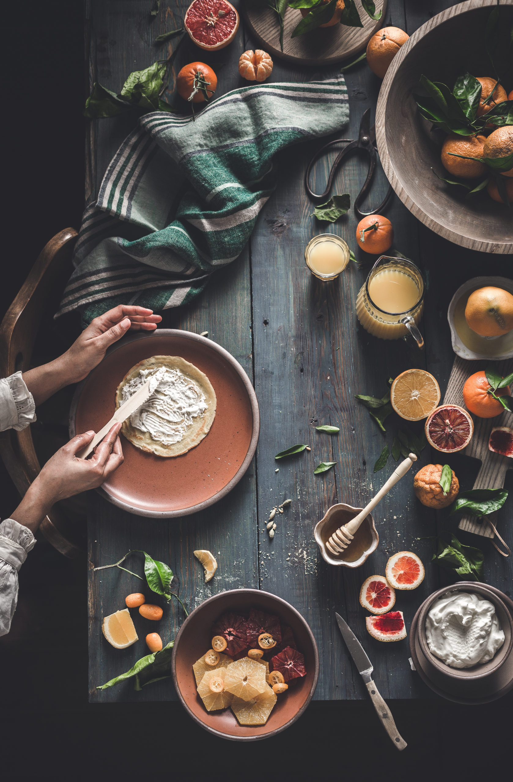 French Crepes With Whipped Ricotta Cream, Winter Citrus Salad and Honey