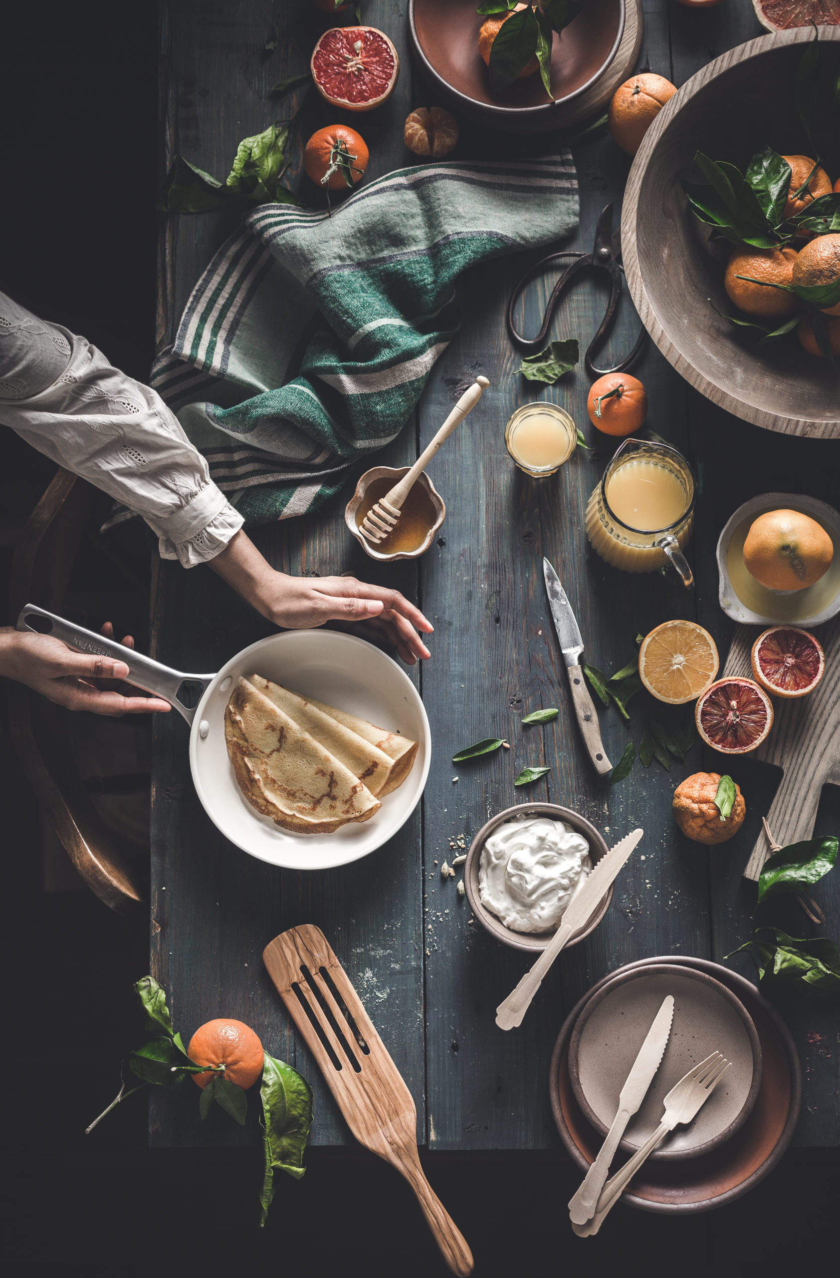 French Crepes With Whipped Ricotta Cream, Winter Citrus Salad and Honey